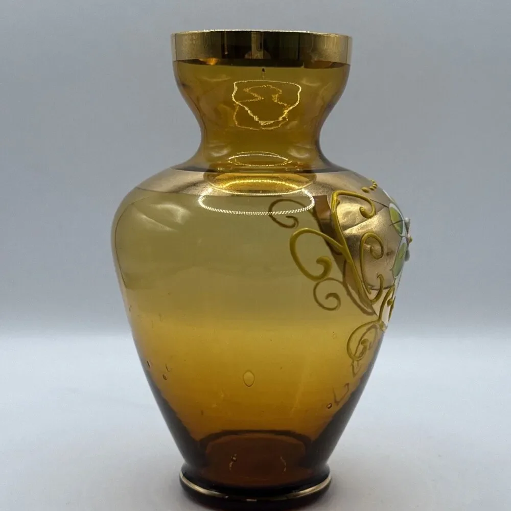 Vase Nasco Amber Glass Hand Painted Raised Enamel Flowers Gilt 6.25” - Picture 3 of 9